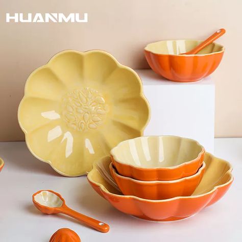 Creative Halloween Pumpkin Shaped Ceramic Bowl Plate Spoon Set Handmade Soup Bowl Set For Kitchen vajilla completa de platos - AliExpress Pumpkin Rice, Persian Tea, Watermelon Bowl, Ceramic Fruit Bowl, Ceramic Pumpkin, Soup Bowl Set, Ceramic Tea Set, Hand Painted Pottery, Ceramic Spoons