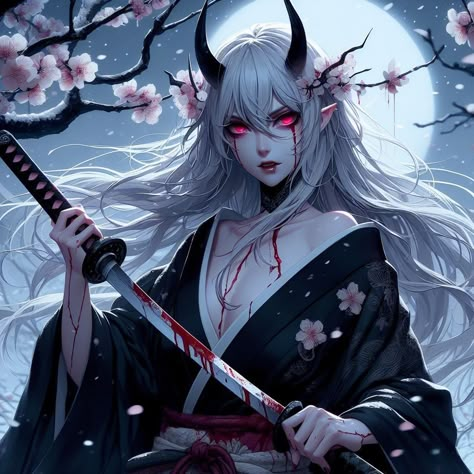 Oni Female, Luna Goddess Of The Moon, Dnd Idea, Luna Goddess, Character Form, Oni Demon, Goddess Of The Moon, Japanese Mythology, Female Oc