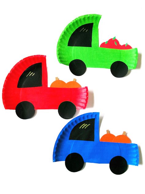 Paper Plate Fall Truck Craft Campfire Crafts For Preschoolers, Art Craft Transportation, Paper Plate Car Craft, Art Transportation Preschool, Little Blue Truck Crafts For Toddlers, Kids Transportation Crafts, Fall Truck Craft, Paper Plate Arts And Crafts, Truck Activities For Preschool