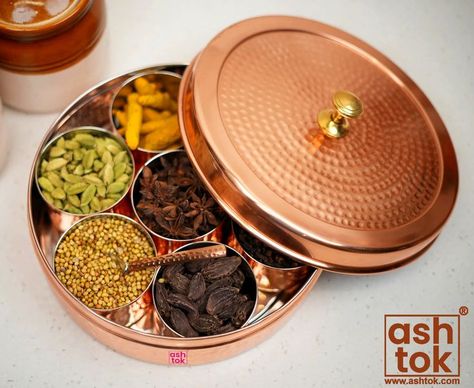 Kitchen Utensils | Copper Masala Box | Spice Box Dabba | Handcrafted | Storage Box | Ashtok Herb Basket, Indian Spice Box, Masala Dabba, Copper Water Bottle, Spice Jar Set, Masala Spice, Camping Kitchen, Food Decor, Copper Pans