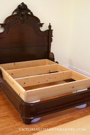 We got this fantastic, antique bed on craigslist, but it’s only a full-size... see how we retrofitted it to accommodate a queen-size mattress. Antique Bed Frame, Antique Headboard, Carved Headboard, Antique Bed, Murphy Bed Ikea, Diy Blanket Ladder, Murphy Bed Plans, Antique Beds, Queen Mattress Size