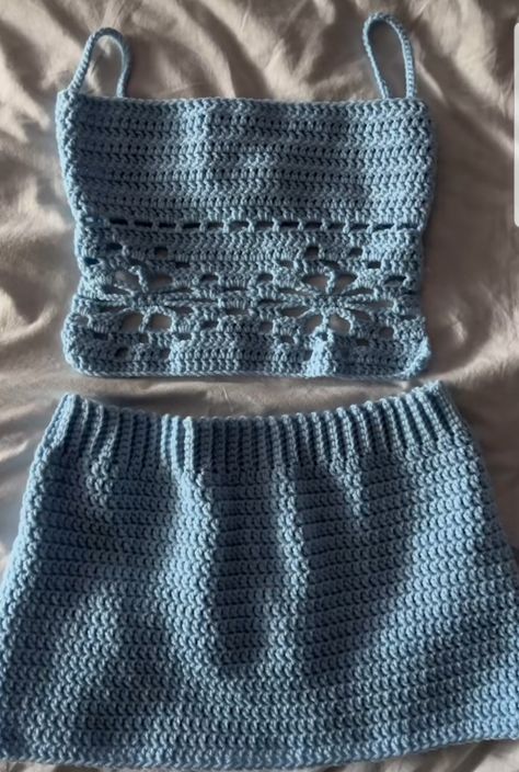 Crochet Inspo Summer, Scrap Yarn Crochet Top, Crochet Summer Clothes, Crochet Set Outfit, Crochet Summer Set, Crochet Bras, Crochet Matching Set, Crochet Tie Top, Crochet Top And Skirt