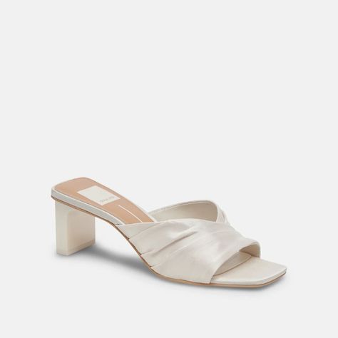 CARLAN HEELS OFF WHITE SILK – Dolce Vita White Low Heels Wedding, Pop Of Color Wedding Shoes, Fun Wedding Shoes Brides, White Silk Heels, Beach Wedding Heels, White Satin Shoes, Short Wedding Heels, Chunky Wedding Heels, White Sandal Heel