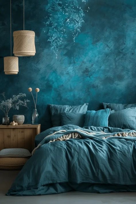 Earthy Blue Aesthetic, Green Blue Room Aesthetic, Dark Turquoise Wallpaper, Dark Teal Bedroom Ideas, Dark Teal Bedroom, Teal Bedroom Ideas, Bedroom Ideas Cozy, Teal Interiors, Casa Interior