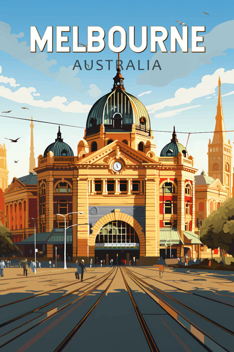 Vintage-style poster showcasing the historic charm of Flinders Street Station in Melbourne, Australia, perfect for adding urban nostalgia to your decor. Vintage Country Posters, Melbourne Drawing, Melbourne Poster, Australia Illustration, Melbourne Australia City, City Wallpapers, Australia Poster, Vintage Australia, Posters Australia