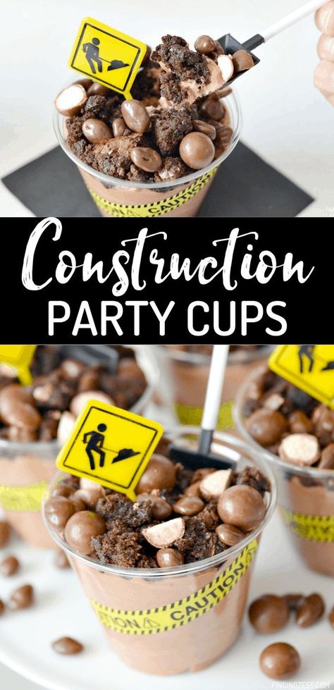 No chocolate lover can resist these construction birthday party cups! Chocolate mousse is topped with brownies and chocolate candies to mimic dirt and rocks.  Caution tape, shovel spoons, and construction sign party picks really make these dessert cups stand out at your construction party! #constructionbirthday #kidsparty #kidspartyideas #birthdaypartyideas #birthdaydessertseasy Excavator Party, Dirt Cake Cups, Construction Birthday Party Cakes, Dirt Cups Dessert, Hit Chocolate, Construction Vbs, Dirt Cups Recipe, Easy Birthday Desserts, Construction Birthday Party Food