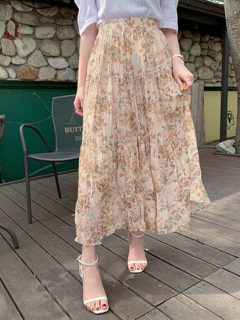 Ladies' Casual Long Ditsy Floral Skirt For Summer Apricot Boho   Chiffon Floral,Plants,Ditsy Floral,All Over Print Layered/Tiered Non-Stretch Spring/Summer/Fall Women Clothing, size features are:Bust: ,Length: ,Sleeve Length: Floral Maxi Skirt Outfit, Making Skirts, Floral Chiffon Skirt, Spring Skirt Outfits, Skirt Aesthetic, Long Floral Skirt, Maxi Skirt Outfits, Chiffon Floral, Floral Maxi Skirt