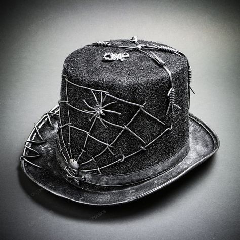 100% Brand New, High Quality This Top Hat Fits Most Adults Unisex, Suitable For Both Men And Women Internal Size: 7" Wide X 8" Long X 5.75" Tall Color: Black & Silver Usm-Hat042-Bksv Steampunk Spiderman, Steampunk Spider, Steampunk Wings, Skull Costume, Black And White Wig, Skull Spider, Pirate Cosplay, Halloween Skeleton Hand, Steampunk Top