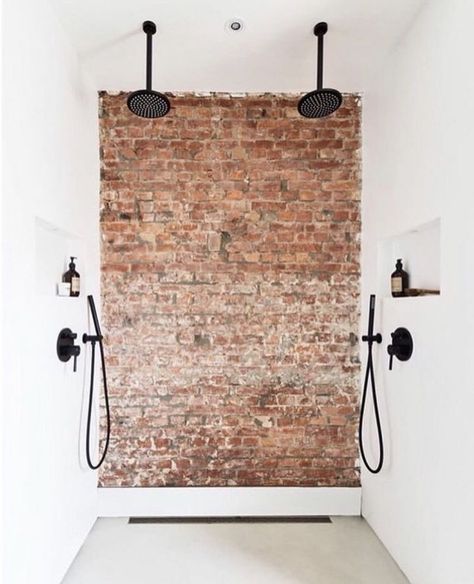 Brick Bathroom, Brick Feature Wall, Industrial Style Bathroom, Double Shower, Bad Inspiration, Hospital Interior Design, Laundry In Bathroom, House Bathroom, Exposed Brick