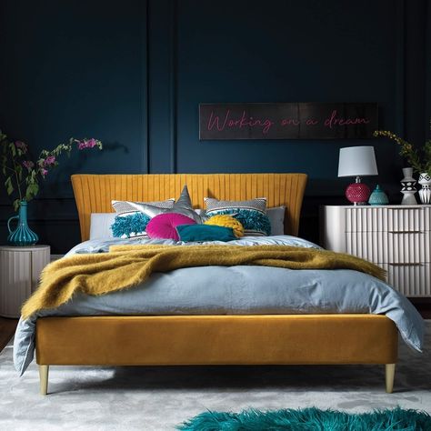 Say hello to our Safina Kingsize Turmeric Velvet Bedstead! A bold statement piece that is sure to make a striking focal feature in any bedroom. Autumn sale now on in store and online. Tap image to shop #homestyle #homedecor #interiordesign #interior #home #homedesign #interiors #decor #design #instahome #interiorstyling #homeinspo #decoration #london #interior123 #art #luxury #interiordecor #furniture #interiorstyle #interior4all #instagood #interiorinspiration #homesweethome #homedecoration #st Yellow Headboard Bedroom Ideas, Yellow Bed Frame Bedroom Ideas, Bedroom Inspirations Summer, Yellow Headboard, Mustard Bedroom, Yellow Bed, Mustard Bedding, Bedroom Yellow, Colorful Bedroom