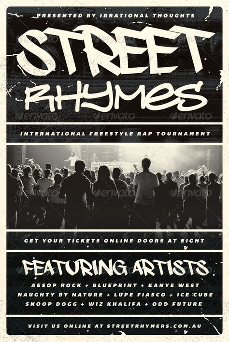 Street Rhymes - Hip-Hop Flyer Template by furnace Street Rhymes  Hip-Hop Flyer Template100% Fully Editable PSD Layered Well Organised CMYK  Print Ready Free Fonts Used 46 0.25  Ble Retro Hip Hop Poster, Old School Hip Hop Posters, Hiphop Flyer Design, Hip Hop Branding, Hip Hop Typography, Hip Hop Poster Design, Hip Hop Flyer, Hip Hop Graphic Design, Hiphop Poster