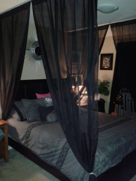 Diy canopy bed :-) Black Curtains Around Bed, Canopy Bed Black Curtains, Diy Bed Canopy Easy Bedroom, Bed Canopy Black, Canopy Bed Aesthetic Dark, Diy Canopy Bed Easy, Adult Canopy Bed Ideas, Canopy Bed Ideas For Adults Diy, Black Canopy Bedroom Ideas