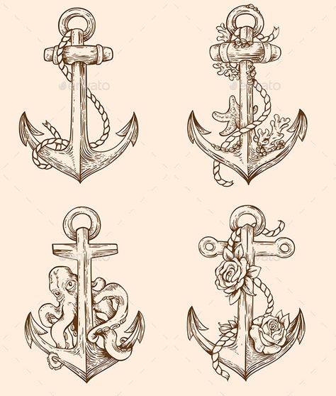 Set of Vintage Anchors by Artness | GraphicRiver Cool Anchor Tattoo, Anchor Art Design, Tattoo Ideas Anchor, Vintage Anchor Tattoo, Ancora Tattoo, Anchor Tattoos For Women, Anchor Drawing, Nautical Drawing, Anchor Drawings