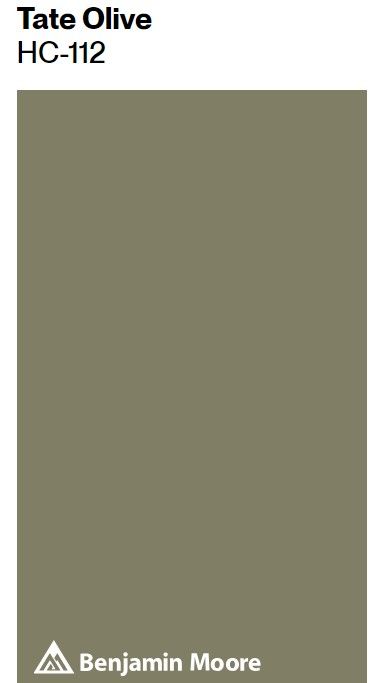 Benjamin Moore Tate Olive green paint color swatch. #benjaminmooretateolive #olivepaintcolors Benjamin Moore Providence Olive, Benjamin Moore Olive Green, Benjamin Moore Alexandria Beige, Benjamin Moore Tate Olive, Warm Green Paint Colors, Olive Paint Color, Tate Olive, Olive Green Paint Colors, European Cottage Style