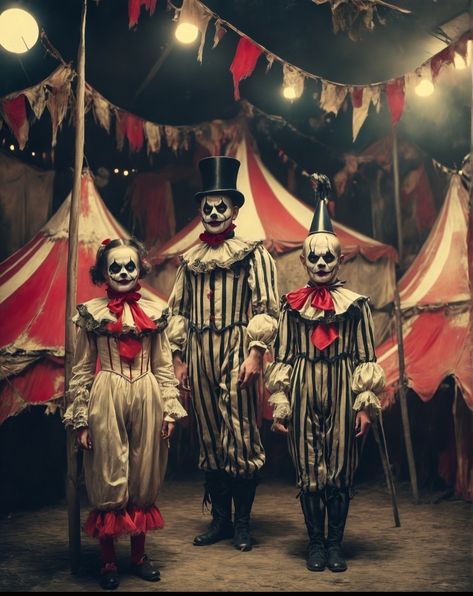 Creepy Circus Party, Haunted Circus Costumes, Circus Freakshow Costumes, Halloween Freakshow Ideas, Haunted Carnival Costumes, Circus Horror Aesthetic, Haunted Circus Aesthetic, Horror Circus Aesthetic, Creepy Circus Costume