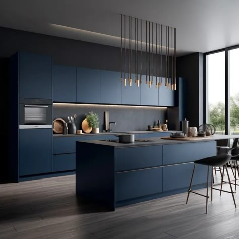 Dark Blue Kitchen Cabinets Black Counter, Navy Kitchens Modern, Blue Luxury Kitchen, Navy Blue Modern Kitchen, Dark Blue Kitchen Walls, Cutlery Unit, Kitchen Cabinets Top, Dark Blue Kitchen Cabinets, Navy Kitchen Cabinets