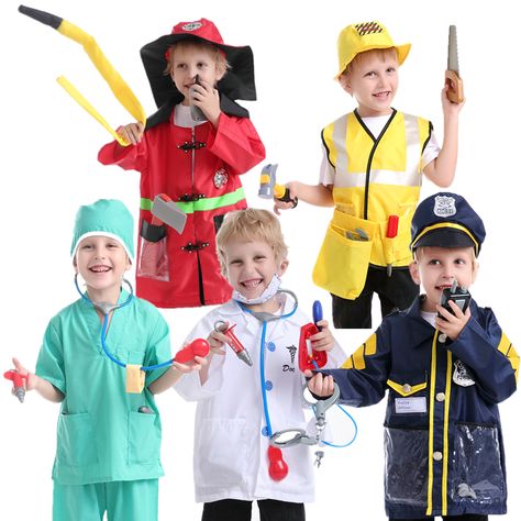 TOPTIE 5 Sets Role Play Costume for Kids Doctor Surgeon Policeman Fire Chief Engineer with Accessories Mechanic Costume, Halloween Kids Costumes, Engineer Costume, Police Officer Costume, Kids Role Play, Fancy Dress Competition, Army Men Toys, Pretend Play Costumes, Box Dress