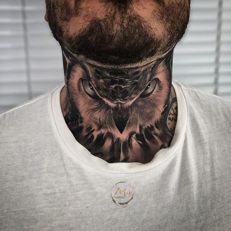 Birds are a symbol of freedom, although owls are representation of wisdom and knowledge. Owls are also connected with mystery, making them enigmatic birds. Kneck Tattoos, Owl Neck Tattoo, Tattoo Main, Full Neck Tattoos, Best Neck Tattoos, Orca Tattoo, Redwork Patterns, Throat Tattoo, Girl Back Tattoos