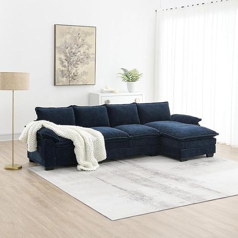 Amazon.com: ODUWA Convertible Sectional Sofa Couch,118" Modern L-Shaped Cloud Sofa with Double Chaise and Cushions,5-Seat Upholstered Chenille Sofa Furniture,Sleeper Sofa Couch for Living Room,Apartment : Home & Kitchen Couch With Blue Pillows, Navy Blue Sectional Living Room Ideas, Midnight Blue Living Room, Chenille Chaise, Navy Blue Couch Living Room, Navy Couch Living Room, Indigo Living Room, Blue And Brown Living Room, Blue Couch Decor