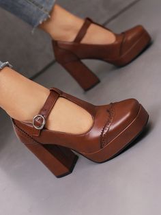 Coffee Brown Fashionable Collar   Plain Mary Jane Embellished   Women Shoes Brown Mary Janes, Jazz Style, Highest Heels, Oc Drawing, Zapatos Mary Jane, Chic Heels, Funky Shoes, Autumn Wardrobe, 2024 Style