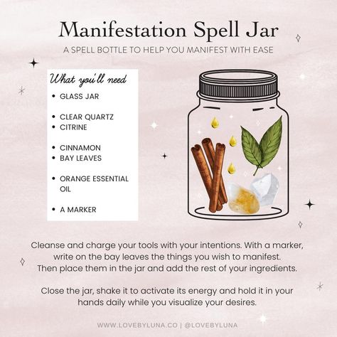 Love By Luna® on Instagram: “Manifestation Spell Jar 💫 Leo season is a great time to work on manifesting, as its fixed fire energy helps to spark our creativity and…” Manifestion Spell, Manifestation Jar Spell, Magic Jar Illustration, New Moon Spell Jar, Easy Spell Jars Recipes, Success Spell Jar, Manifestation Jars, Manifesting Spells, Manifest Spell