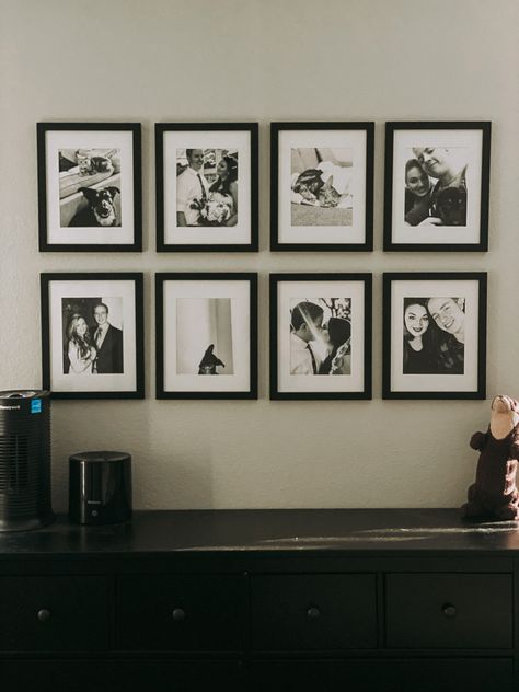 Easy black & white gallery wall with 11x14 frames and 8x10 pictures. Black frames, white mat and b&w pictures make a great bedroom wall.  Bedroom art. Bedroom wall decor. 8x 10 Photo Wall, Black Matted Picture Frame Wall, Picture Wall 8x10 Frames, 8x10 Picture Frames On The Wall, 4 Black Frames On Wall, 8 Frame Gallery Wall, Picture Wall Black Frames, 8 Frames On Wall Layout, 10 Frame Gallery Wall