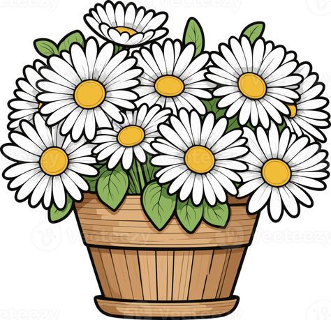 Beautiful blooming daisy flowers in wooden pot, floral clipart, design element for card, April birth month flowers, spring, summer, tropical, children book, gardening, botany, vintage, mother, cartoon Mother Cartoon, Daisy Cartoon, April Birth Month, Wooden Pot, Oil Pastel Drawings, Floral Clipart, Summer Tropical, Children Book, Month Flowers