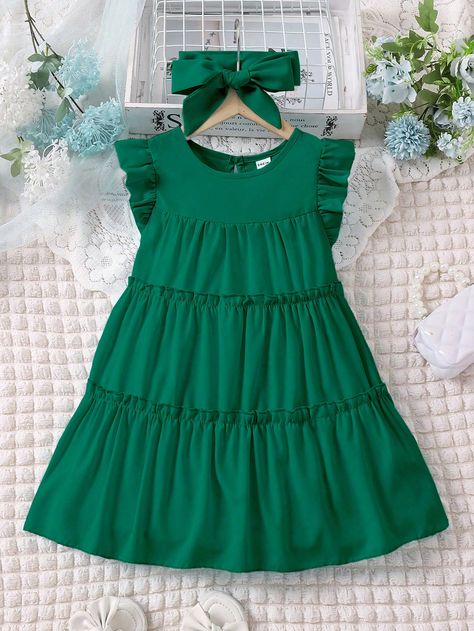 Young Girl Solid Color Ruffle Armhole Tiered Hem Dress With Headband Dark Green Cute  Cap Sleeve Fabric Plain Smock Non-Stretch  Young Girls Clothing, size features are:Bust: ,Length: ,Sleeve Length: Simple Frocks Cotton, Latest Bubu Gown Style, Bubu Gown Styles, Frocks For Kids, New Look Patterns, 2piece Outfits, Green Cute