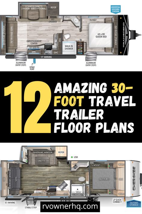 30-foot travel trailers provide more interior space and amenities compared to smaller options, while at the same time keeping the overall size and weight reasonable. With so many campers on the market though, it can be challenging to find 30-foot options. So we created this blog post, which highlights 12 of the most popular 30-foot travel trailer floor plans available today. Travel Trailer Layout Floor Plans, Camper Layout Floor Plans, Camper Floor Plans, Trailer Floor Plans, Travel Trailer Floor Plans, Camper Flooring, Rv Floor Plans, Small Travel Trailers, Travel Camper