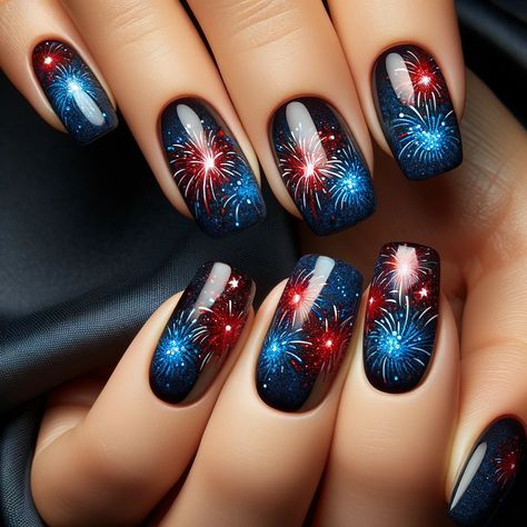 14 Patriotic 4th Of July Nails Ideas To Try This Summer – Sober Alley Black Fourth Of July Nails, Black Patriotic Nails, Fire Work Nails Design 4th Of July, Red White Blue Firework Nails, Firecracker Nails 4th Of July, Fire Works Nail Designs, Fourth Of July Nails Designs Fireworks, 4th Of July Nail Designs Glitter, Holiday Nails Ideas