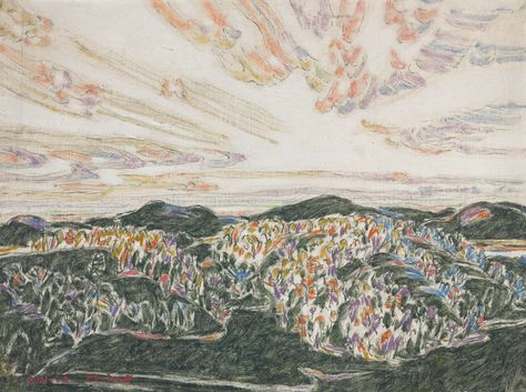 David B. Milne, Ski Jump Hills with Radiating Clouds IV, 1925, oil over graphite on canvas, mounted on masonite, 45.3 x 60.5 cm, National Gallery of Canada David Milne, Ski Jump, Landscape Reference, Name Paintings, Art Gallery Of Ontario, House Painter, Canada Images, Canadian Art, Art Historian