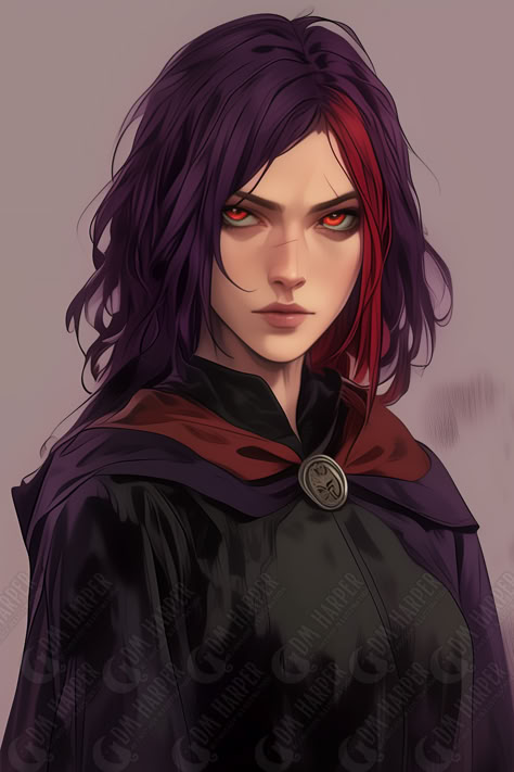 Seraphuna Blackthistle, Human Wizard (Purple Hair, Red Eyes alternative) Marilith Dnd, Female Mage Pose, Witch Dnd Art, Arcane Archer Dnd, Young Witch Character Design, Female Noble Character Art, Rouge Dnd Character Concept, Red Haired Vampire, Dnd Scholar