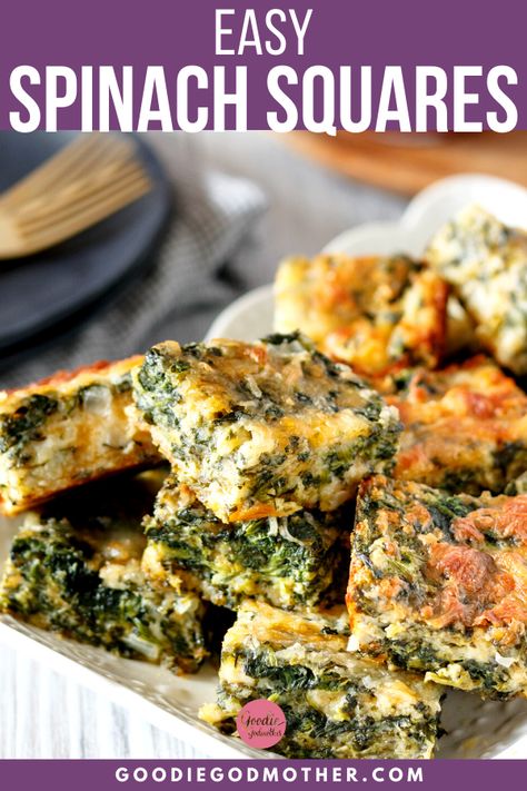 You'll love this easy, cheesy spinach squares recipe! This retro appetizer recipe is a must-save for effortless entertaining. You can even bake ahead and freeze! #easyappetizer #spinachsquares #makeahead #appetizer Spinach Artichoke Bars, Spinach And Cheese Appetizers, Quiche, Spinach Cheese Bars, Spinach Bars Recipe, Spinach Artichoke Squares, Spinach Bites Appetizers, Spinach Cheese Squares, Baking With Spinach