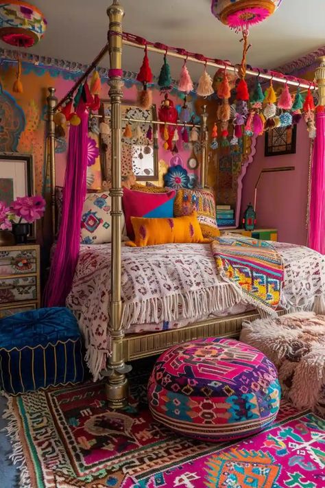 31 Stunning Boho Bedroom Ideas - DailyHomeSafety Spunky Bedroom Ideas, Bright Boho Bedroom Ideas, Native American Themed Bedroom, High Up Bed, Gypsycore Bedroom, Neon Boho Bedroom, Pink Eclectic Bedroom, Bright Cozy Bedroom, Boho Colorful Bedroom