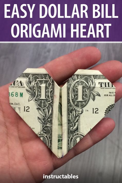 Oragami Money, Dollar Bill Gift, Money Origami Heart, Fold Dollar Bill, Easy Money Origami, Paper Figures, Origami Hearts, Folding Money, Dollar Origami