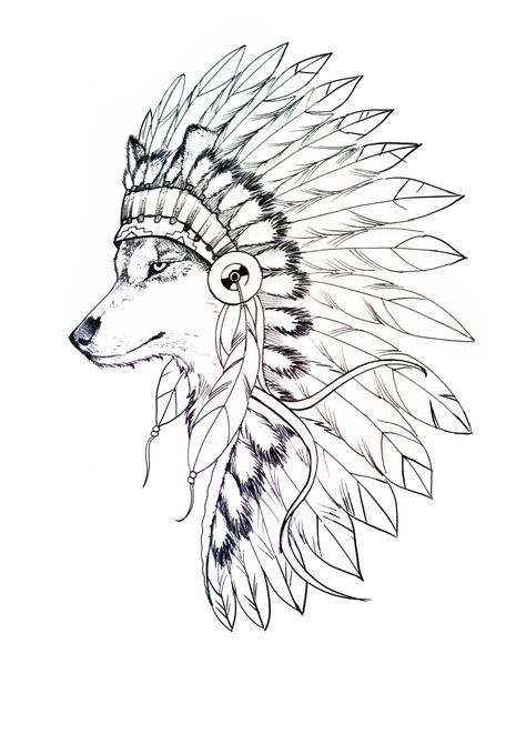 Wolf With Feathers Tattoo, Wolf Headress Tattoos, Headress Tattoos, Wolf Art Drawing, Native American Wolf Art, Wolf Headdress, Snarling Wolf, Headdress Tattoo, Native American Wolf