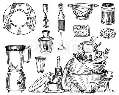 Colander, blender and juicer, dirty dishes, jam and sponge for washing. Chef and Stock Illustration #AD ,#dirty#dishes#juicer#Colander Colander Drawing, Kitchen Tools Illustration, Dishes Drawing, Sink Drawing, Watercolor Food Illustration, Plate Drawing, Composition Drawing, Kitchen Objects, Dirty Kitchen