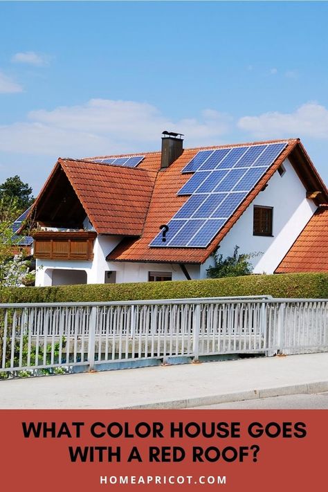 What Color House Goes With A Red Roof Red Roof House Colors Home Exteriors, Red Roof House Colors, Spanish Tile Roof, Red Roof House, Metal Roof Colors, Stucco Colors, Roof Paint, What House, Mountain Cottage