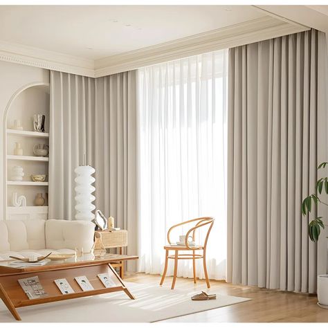 Hokku Designs High-Temperature Set Blackout Curtains - Luxurious, Modern, And Minimalist For Living Room And Bedroom | Wayfair Floor To Ceiling Linen Curtains, Bedroom Window Design Ideas, Scandinavian Living Room Curtains, Minimalist Bedroom Curtains, Curtains Room Bedroom, Plain Curtains Living Room, High Curtains Bedroom, Layered Curtains Bedroom, Curtains For Large Living Room Window