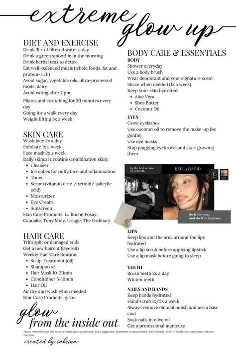 #beautywellness #selfcare #skincare #wellnessjourney #naturalbeauty #healthylifestyle #beautyrituals #mindfulness #selflove #beautyfromwithin #wellnessgoals #beautyhacks #wellnesscommunity #beautyinspiration #wellnessblogger Beauty Checklist Routine, Glow Up Skin Tips, 5 Week Glow Up, Model Glow Up, Glow Up Tips Body Workout, How To Look Gorgeous, Extreme Glow Up, Bella Hadid Workout Routine, Body Routine Skincare