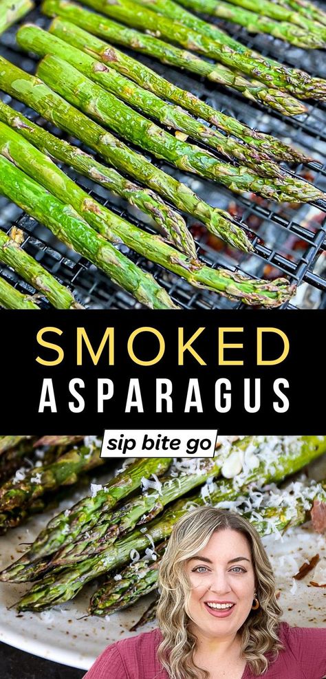 traeger smoked asparagus recipe with parmesan cheese and almond slices with Jenna Passaro from Sip Bite Go and text overlay Cooking With A Traeger Grill, Traeger Grill Recipes Vegetables, Traeger Tips And Tricks, Pit Boss Pellet Smoker Recipes Sides, Pellet Grill Recipes Sides, Smoked Asparagus In Smoker, Smoker Vegetable Recipes, Traeger Asparagus, Traeger Veggies