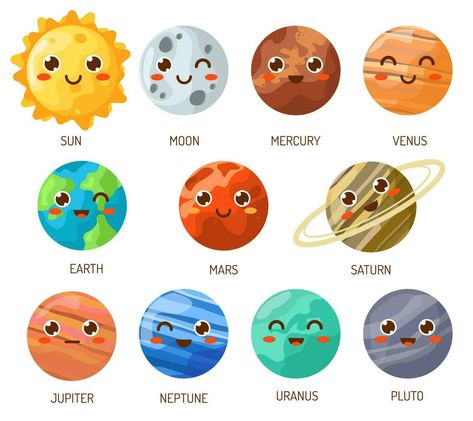 Planet Doodles Solar System, Cartoon Solar System, Planets Clipart Free Printable, Solar System Vector, Planet Clipart, Planets Illustration Solar System, Kawaii Space, Planet Illustration, Solar System Projects For Kids