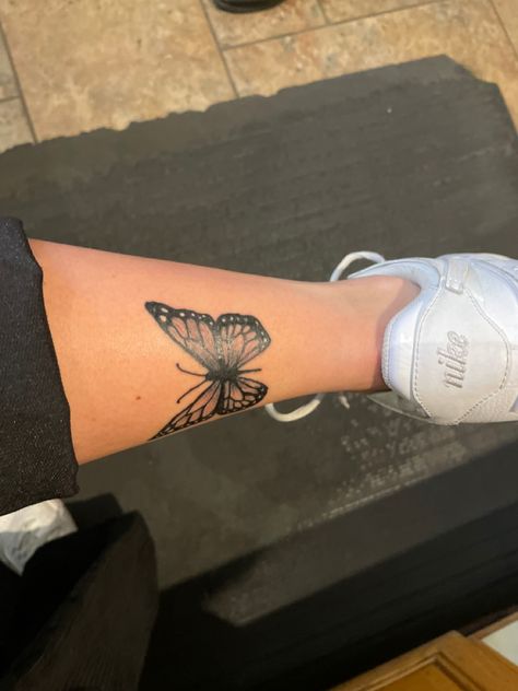 Butterfly Tattoo On Back Of Ankle, Butterfly On Back Of Leg, Back Of Ankle Butterfly Tattoo, Back Of Calf Butterfly Tattoo, Butterfly Tattoo Back Of Leg, Butterfly Leg Tattoos Women, Butterfly On Calf Tattoo, Butterfly Tattoo Leg For Women, Butterfly Tattoo On Calf