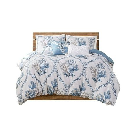 Gracie Mills Irvin Coastal 5-Piece Cotton Duvet Cover Set - GRACE-15365 Experience the serenity of a coastal paradise with our Coastal Treasures 5-Piece Cotton Duvet Cover Set. The set showcases seashells corals starfish and other sea life in beautiful hues of blue and taupe against a crisp white background creating a soothing coastal ambiance. The set also includes two decorative pillows: a white oblong pillow with a free-edge design on top and a blue square pillow featuring white coral embroid Beach Comforter, Cotton Comforter Set, How To Clean Pillows, Harbor House, Elegant Bedding, Pismo Beach, King Comforter Sets, Cotton Comforters, Queen Comforter Sets