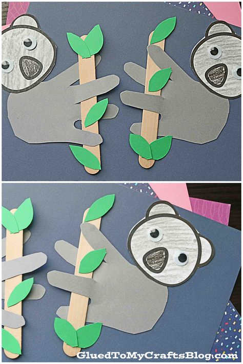 Koala Crafts For Preschoolers, Outback Crafts For Kids, Koala Bulletin Board, Australia Arts And Crafts, K Is For Koala Craft, Koala Handprint Craft, Kangaroo Art Preschool, Koala Classroom Decor, Australia Kindergarten Activities