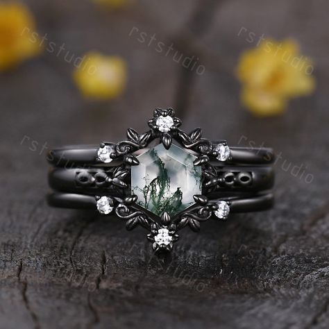 Vintage Hexagon Cut Moss Agate Floral Engagement Ring Set Unique Diamond Bridal Set Dark Promise Wedding Set Black Gold Wedding Band Gift Promise Ring Women Anniversary Gift Christmas Gift 14K Rose Gold / White Gold / Yellow Gold Center Stone: Natural Moss Agate Stone(Every stone is different,if you need special one, please contact us) Measurements: 6x7mm Cut: Hexagon Cut band width(bottom) approx 1.5mm Enhancer Matching band: Stone: 0.1ct Natural SI-H Diamond Prongs pave set Jewelry Maintenance Cheap Unique Engagement Rings, Spooky Wedding Rings, Viking Wedding Ring Sets, Earthy Engagement Rings Nature, Dark Fantasy Engagement Ring, Dark Engagement Ring Unique, Wedding Rings Goth, Non Traditional Wedding Rings Vintage, Black Band Engagement Ring