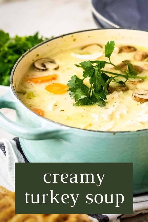 You’ll love this rich, Creamy Turkey Soup. Loaded with protein, noodles, and veggies, this comforting dish is perfect to serve in the cold winter months! It’s great for using up your leftover turkey from Thanksgiving or Christmas dinner. With so much flavor, this hearty and satisfying soup will become a new family favorite! #creamyturkeysoup #turkeynoodlesoup #leftoverturkeysoup #leftoverturkeyrecipes #dizzybusyandhungry Turkey Chowder Recipes, Turkey Soup Creamy, Cream Turkey Soup, Creamy Turkey Soup From Carcass Recipes, Recipes Using Turkey Broth, Turkey Breast Soup Recipes, Turkey Chowder Soup, Creamy Turkey Soup Recipes, Cream Of Turkey Soup Recipe