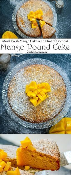 This moist, mango pound cake needs nothing more than a dusting of confectioner's sugar to set off it's classic looks. With rich tropical mango taste, and subtle notes of coconut, this easy cake is an excellent dessert to keep in mind when you have a houseful of guests. #mango #cake #poundcake #desserts #freshmangocake #baking Food For 1, Recipes With Mango Puree, Mango Pound Cake Recipe, Mango Pound Cake, Recipes Cupcakes, Mango Dessert Recipes, Mango Mango, Coconut Extract, Coconut Dessert