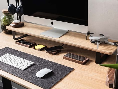 Elevate your workspace with our stunning monitor stand, meticulously crafted with a solid wood top and sleek metal legs. This blend of natural elegance and industrial strength not only enhances the aesthetics of your desk but also promotes better posture and productivity. Transform your setup with a piece that marries function and style seamlessly. 🌟 #WorkspaceGoals #MonitorStand #OfficeInspiration #WoodAndMetal #ErgonomicDesign #DeskSetup #workplace #workspace #deskorganization #design Dual Monitor Stand, Wood Office Desk, Walnut Desk, Office Desk Accessories, Monitor Riser, Christmas Organization, Dual Monitor, Desk Organization Office, Desk Shelf