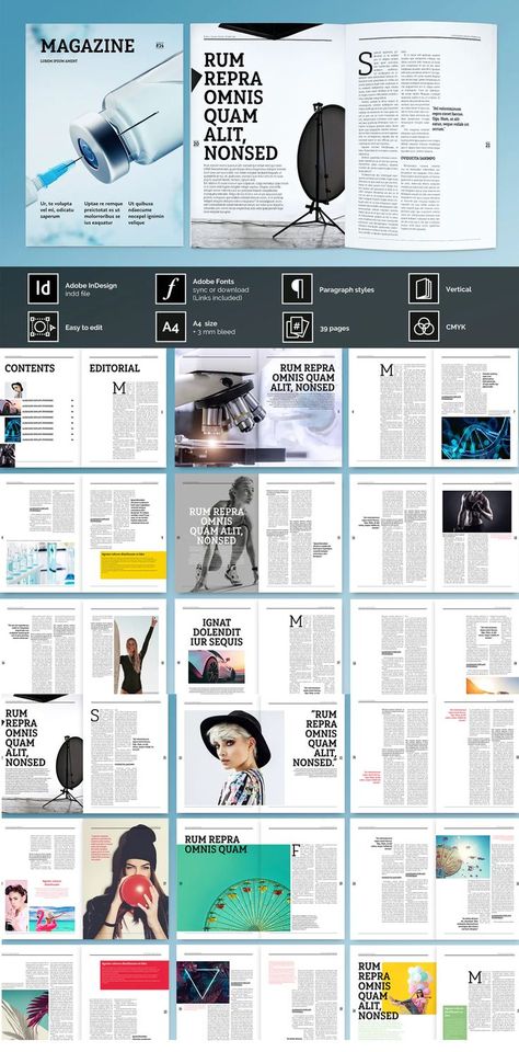 Culture, Sports and Popular Science Magazine Template InDesign INDD - A4 Size Technology Magazine Layout, Tech Magazine Layout, Science Magazine Design, Science Magazine Layout, Publication Design Layout, Science Magazine Cover, Art Newsletter, Scientific Magazine, Popular Science Magazine